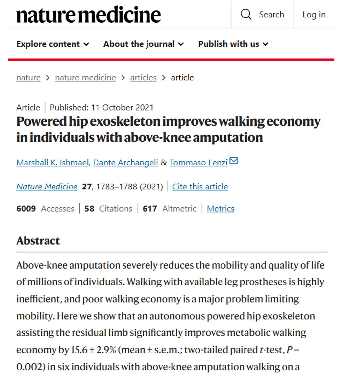 Nature Medicine article "Powered hip exoskeleton improves walking economy in individuals with above-knee amputation